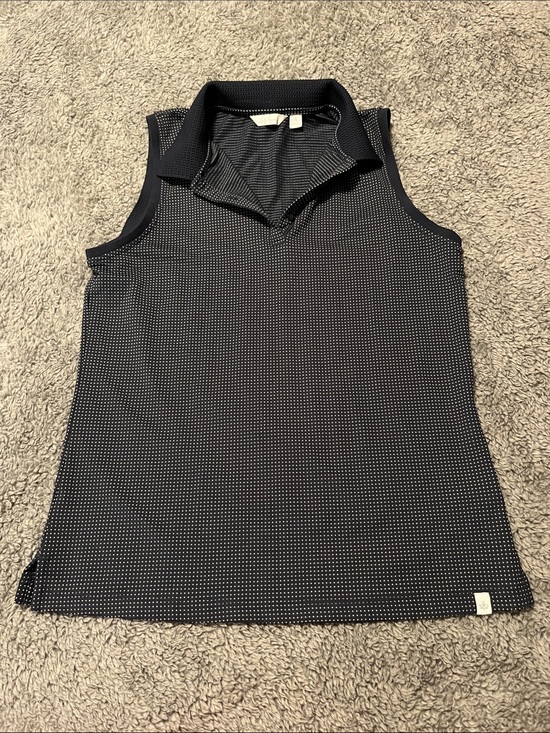 Lady Hagen Tops - Lady Hagen Navy Knit Polo Top with White Stitch Detail